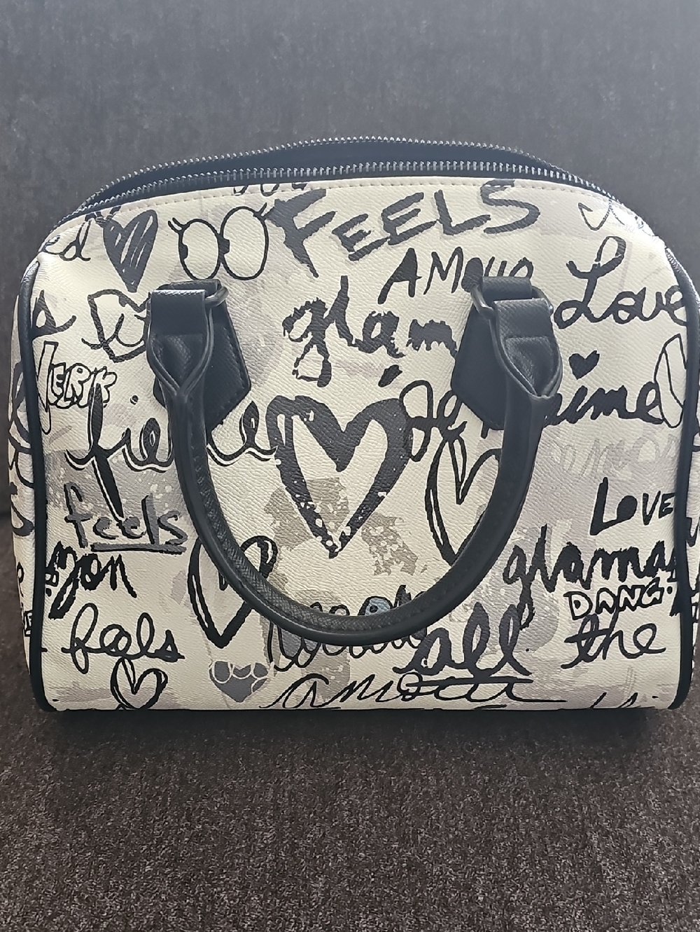 Aldo White and Black Graffiti Print Satchel with Coin Pouch - Picture 5 of 6